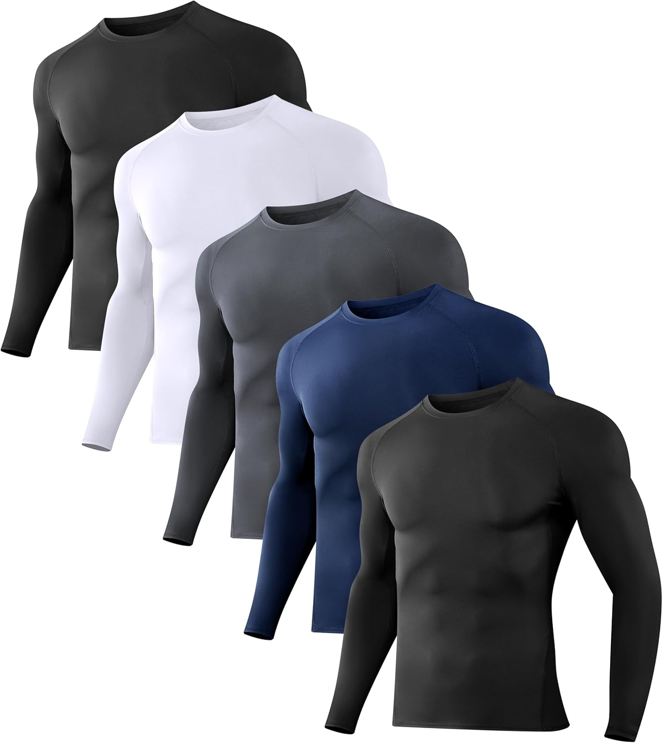 5 Pack Men’s Compression Shirts Long Sleeve Athletic Workout Rash Guard UPF SPF...