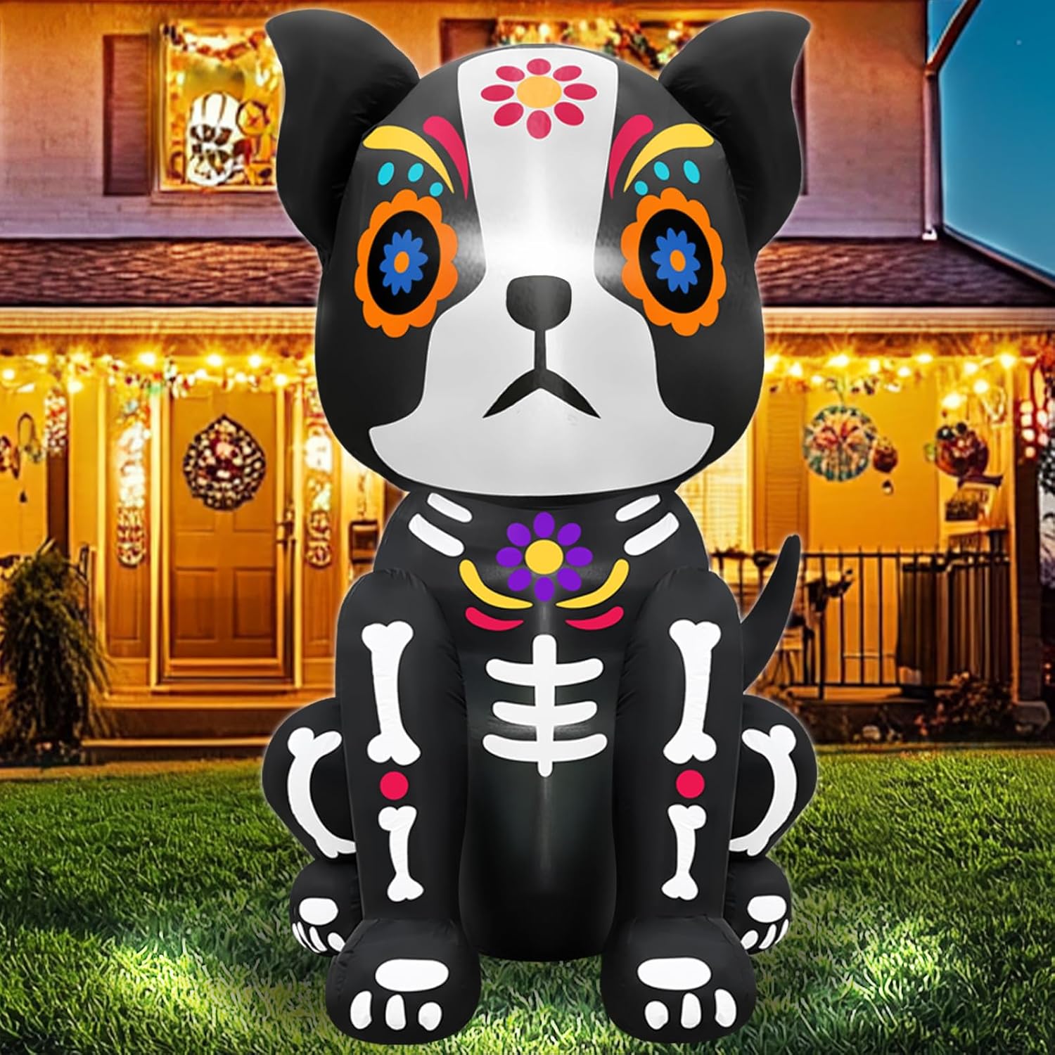 TURNMEON 6 Ft Day of The Dead Inflatables Sugar Skull Dog Halloween Skull Decora...