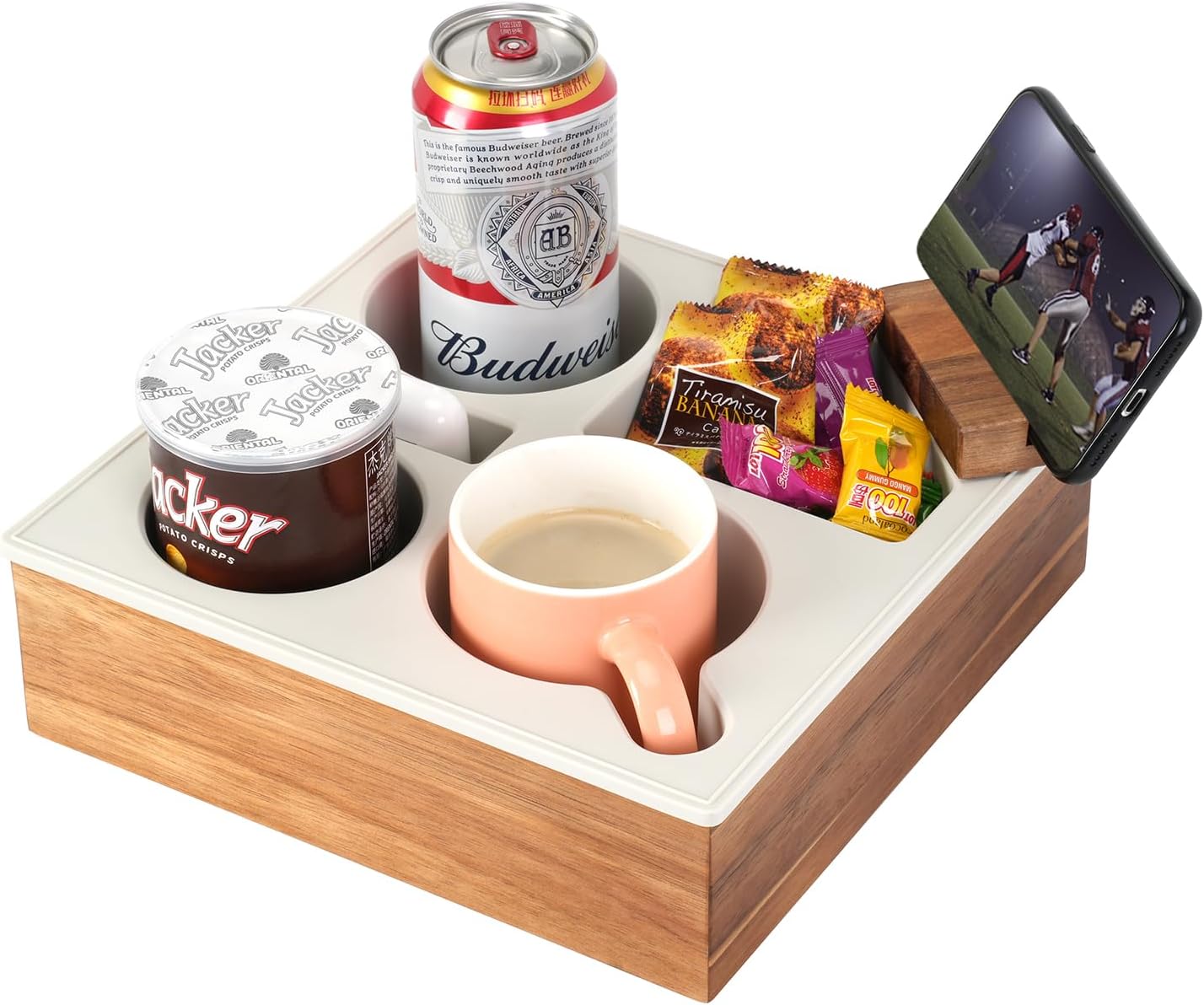 Couch Cup Holder Tray, Hitseon Handy Soft Silicone Acacia Wooden Couch Caddy for...