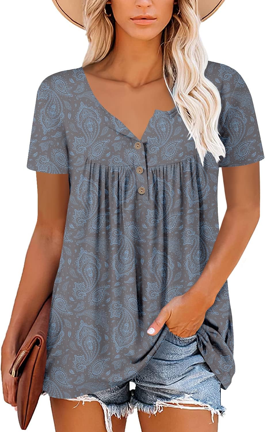 Mystry Zone Womens Henley V Neck Casual Blouse Button Down T Shirts Flare and Fl...