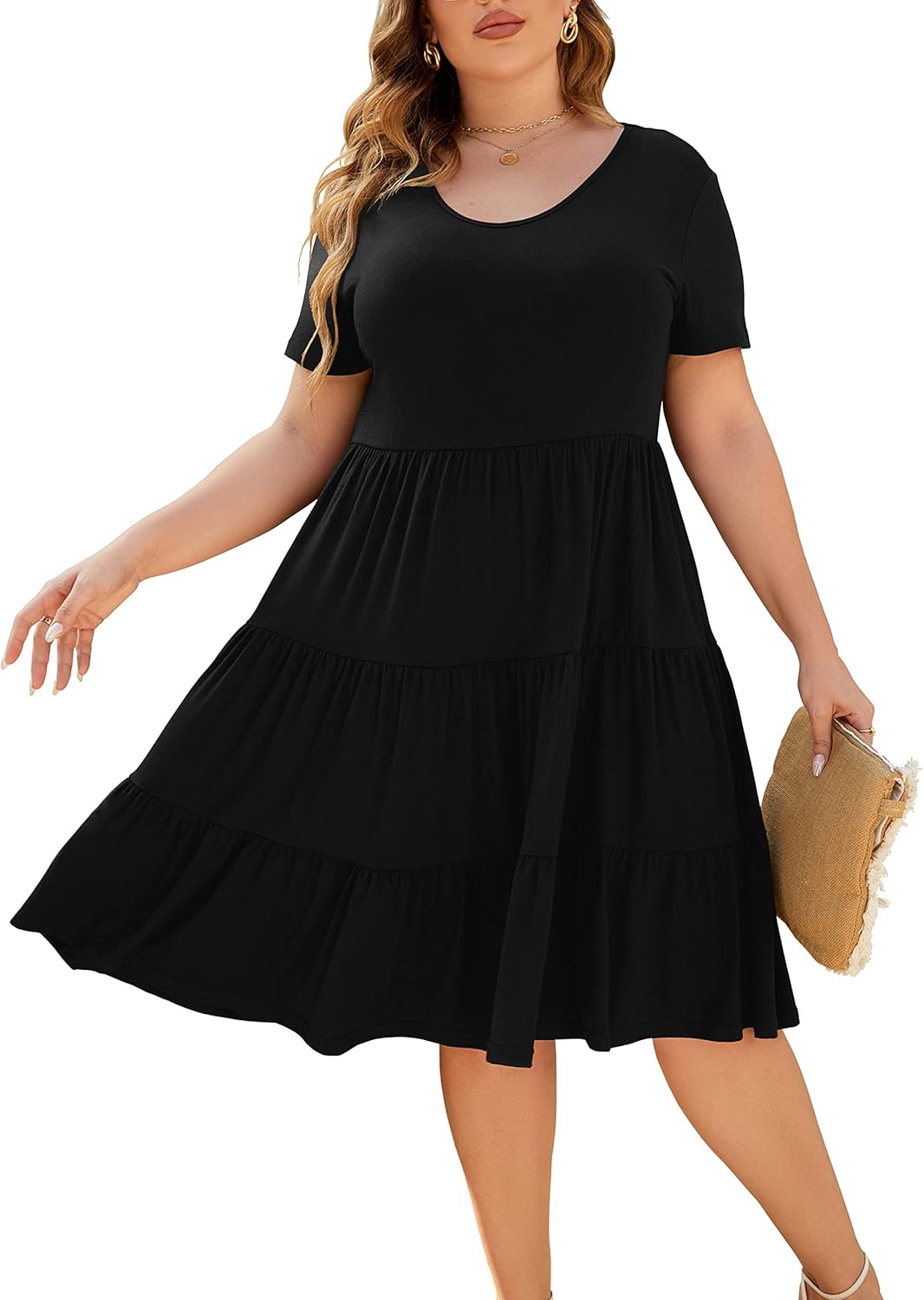 Women's Plus Size Casual Summer Tiered Dresses Short Sleeve Scoop Neck Ruffle He...