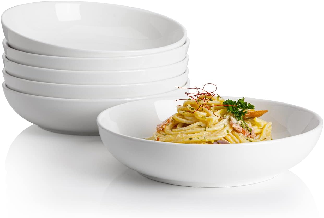 Sweese Large Salad Serving Bowls, 30 Ounce Porcelain White Pasta Plates Set of 6...