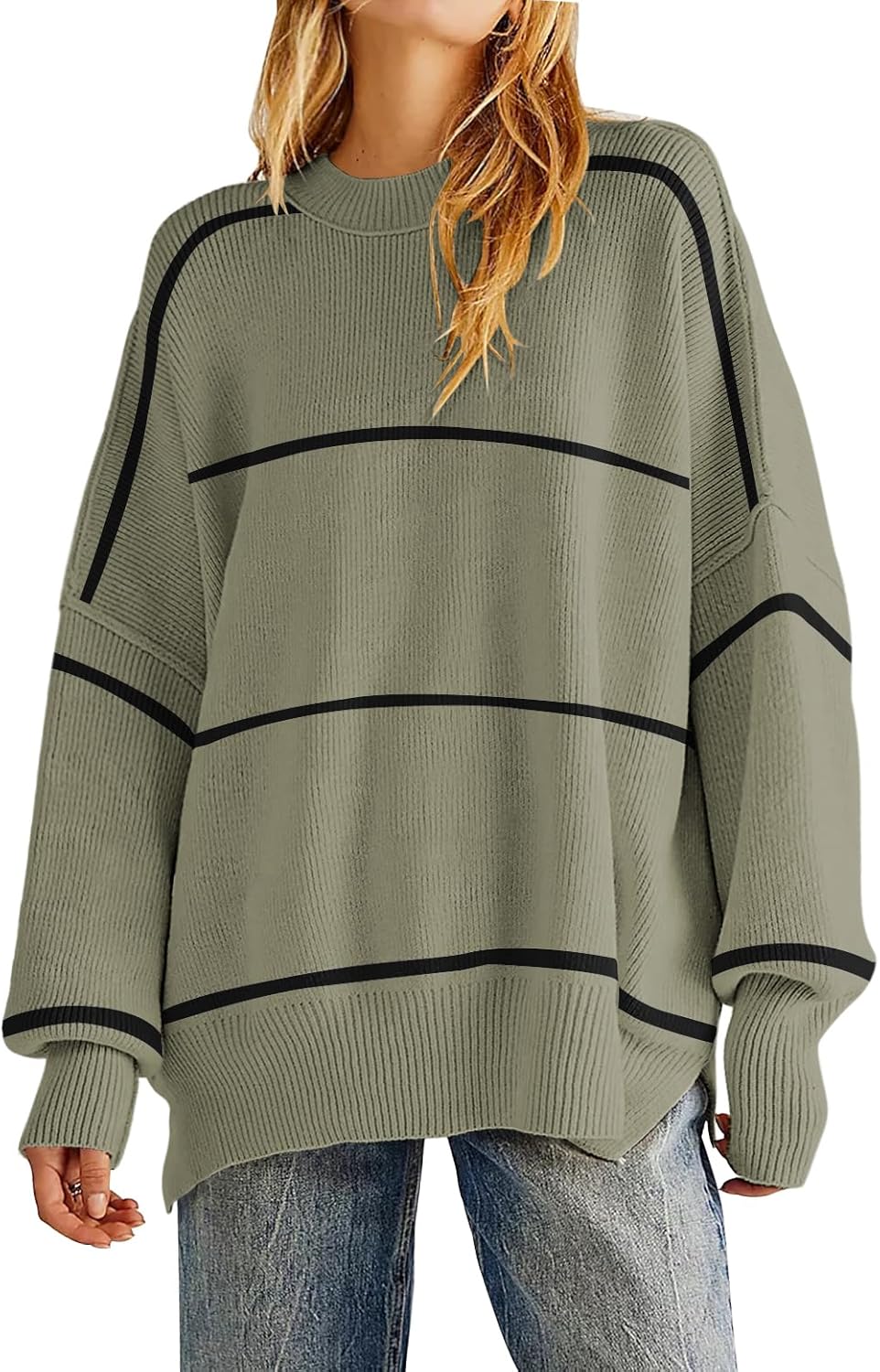 Women's Oversized Crewneck Sweaters Batwing Long Sleeve Side Slit Ribbed Knit Pu...