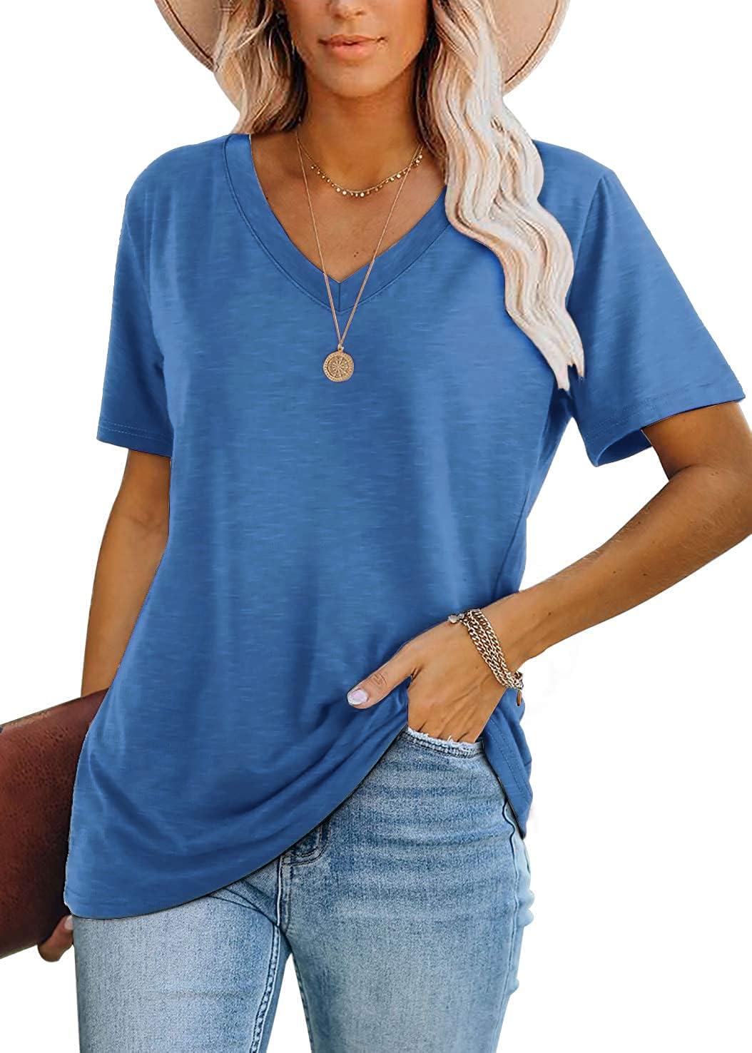 Lunivop Womens Tops Casual V Neck Short Sleeve Solid Color Basic T Shirt Medium...