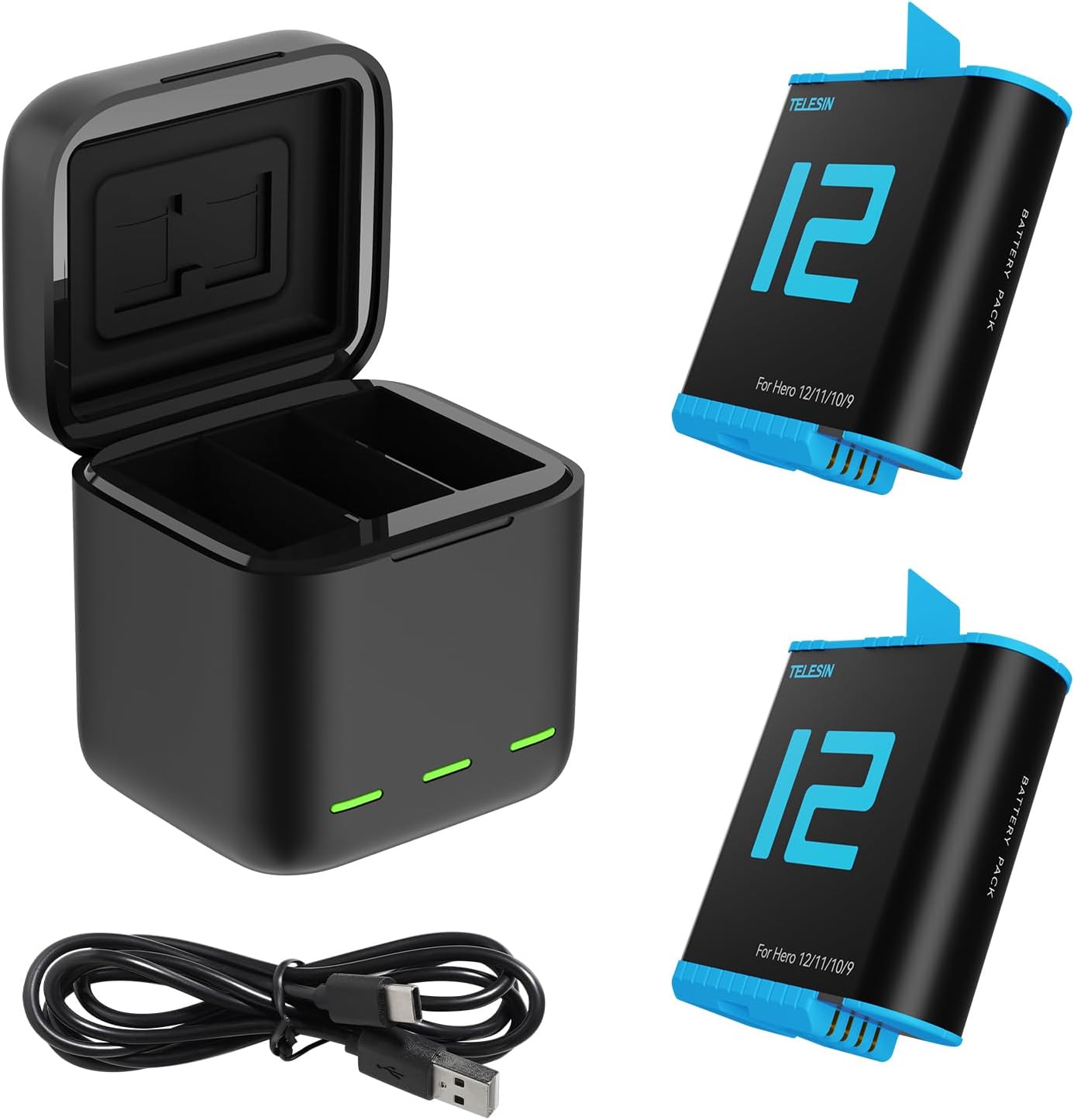 TELESIN Battery Charger Kit for GoPro Hero 12 11 10 9 Black, 2-Pack Battery + Tr...