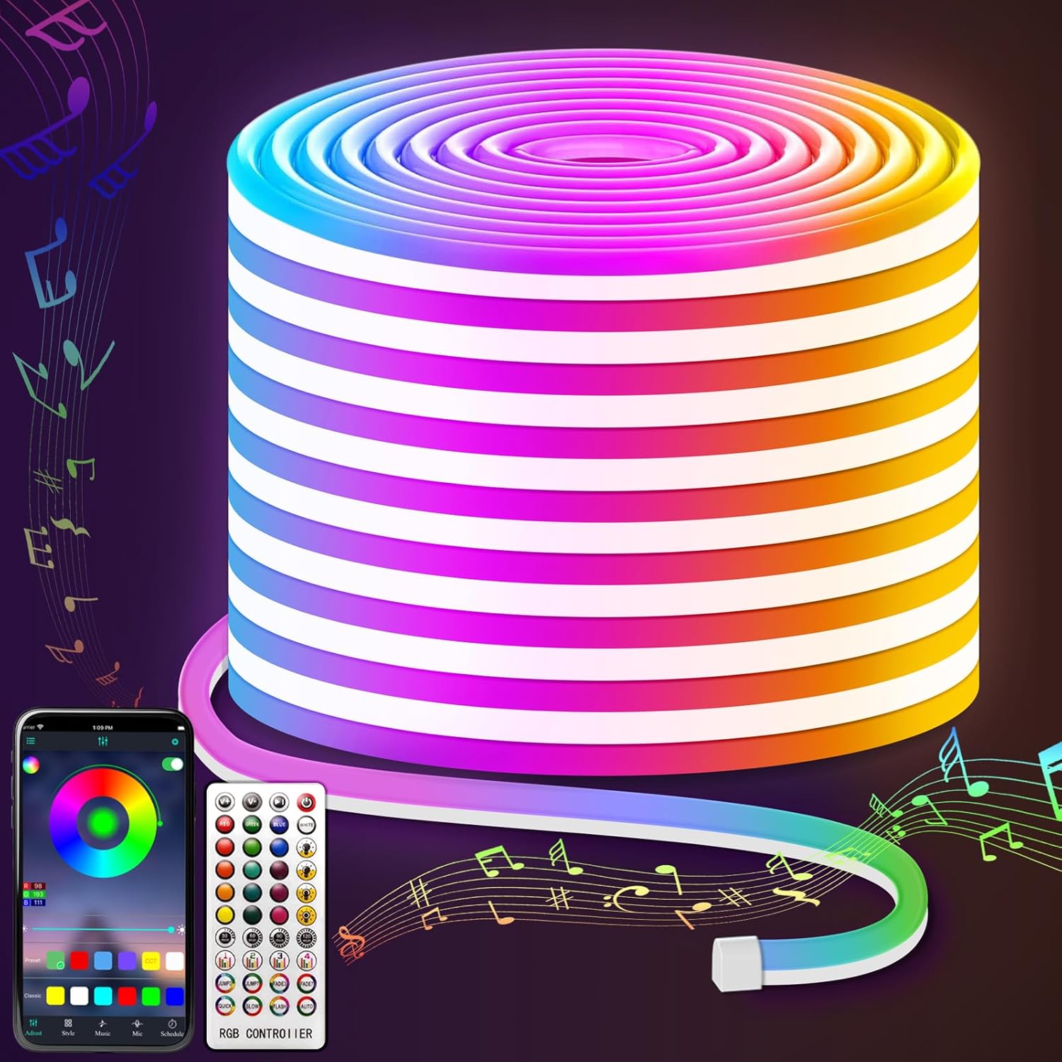 Lucienstar Led Rope Lights - 15M Flexible Led Neon Rope Lights Control with Remo...