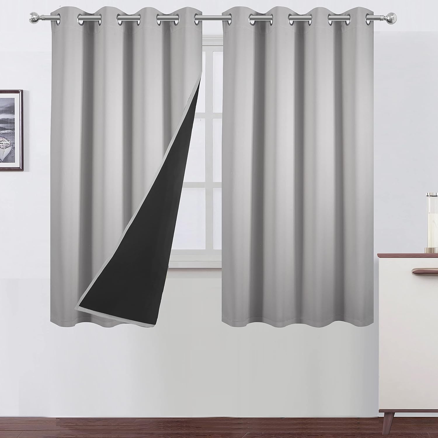 LEMOMO 100% Blackout Curtains, Special Light Grey Curtains 2 Panels with Black L...