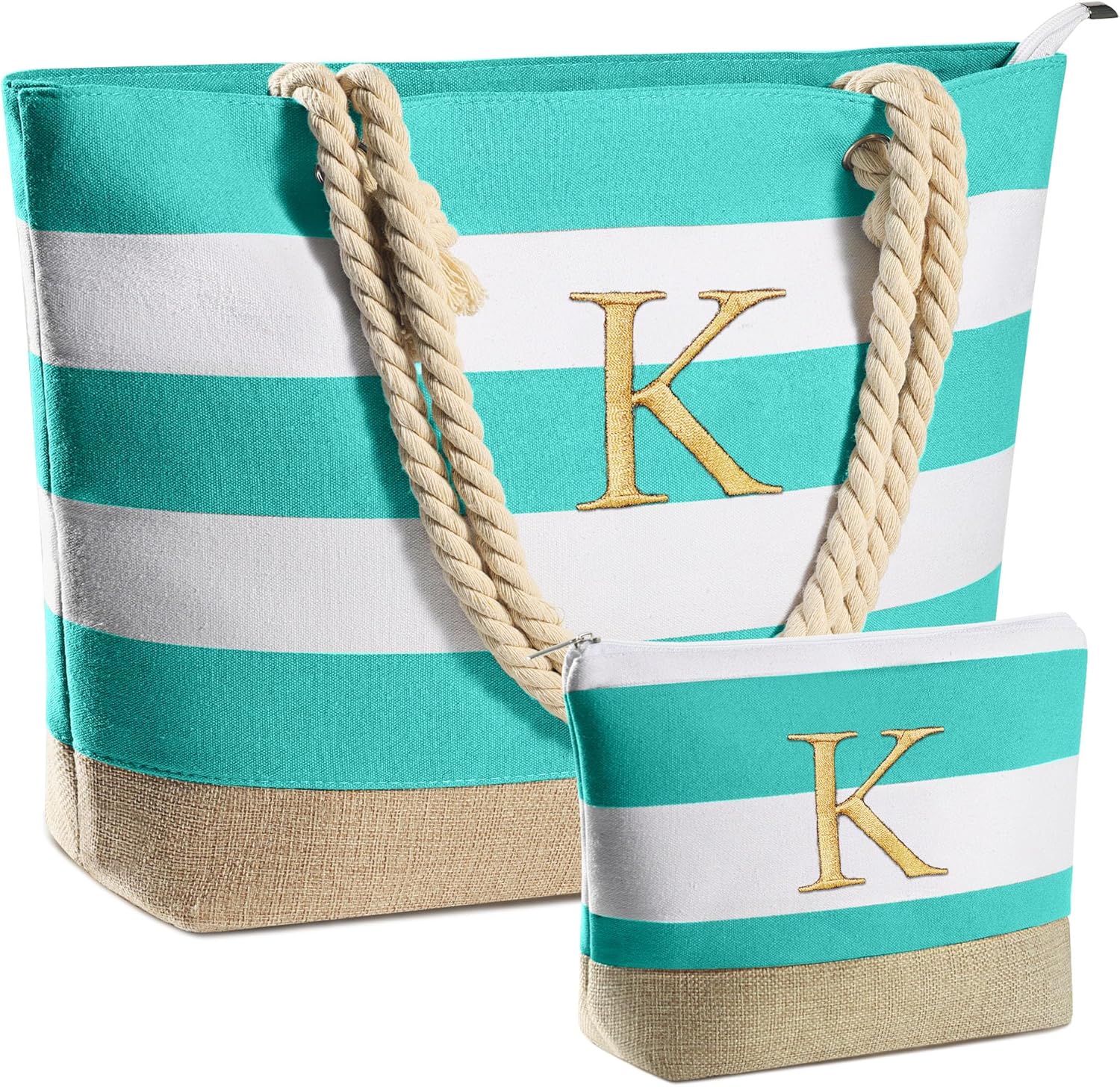 YOOLIFE Gifts for Women - Initial Beach Tote Bag, Blue Beach Gifts and Makeup Ba...