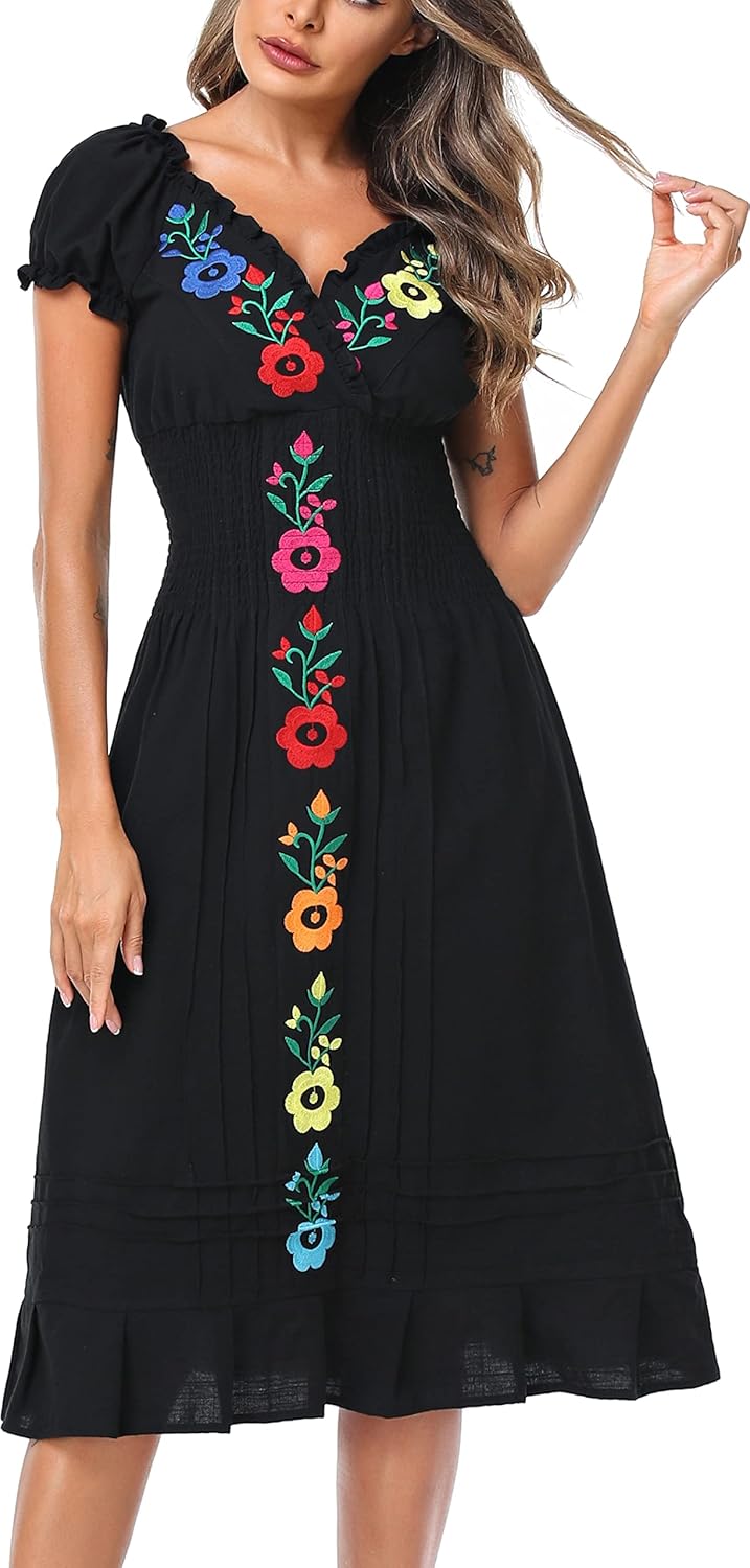 YZXDORWJ Women Mexican Embroidered Casual Dress Summer Ruffle V Neck Short Sleev...