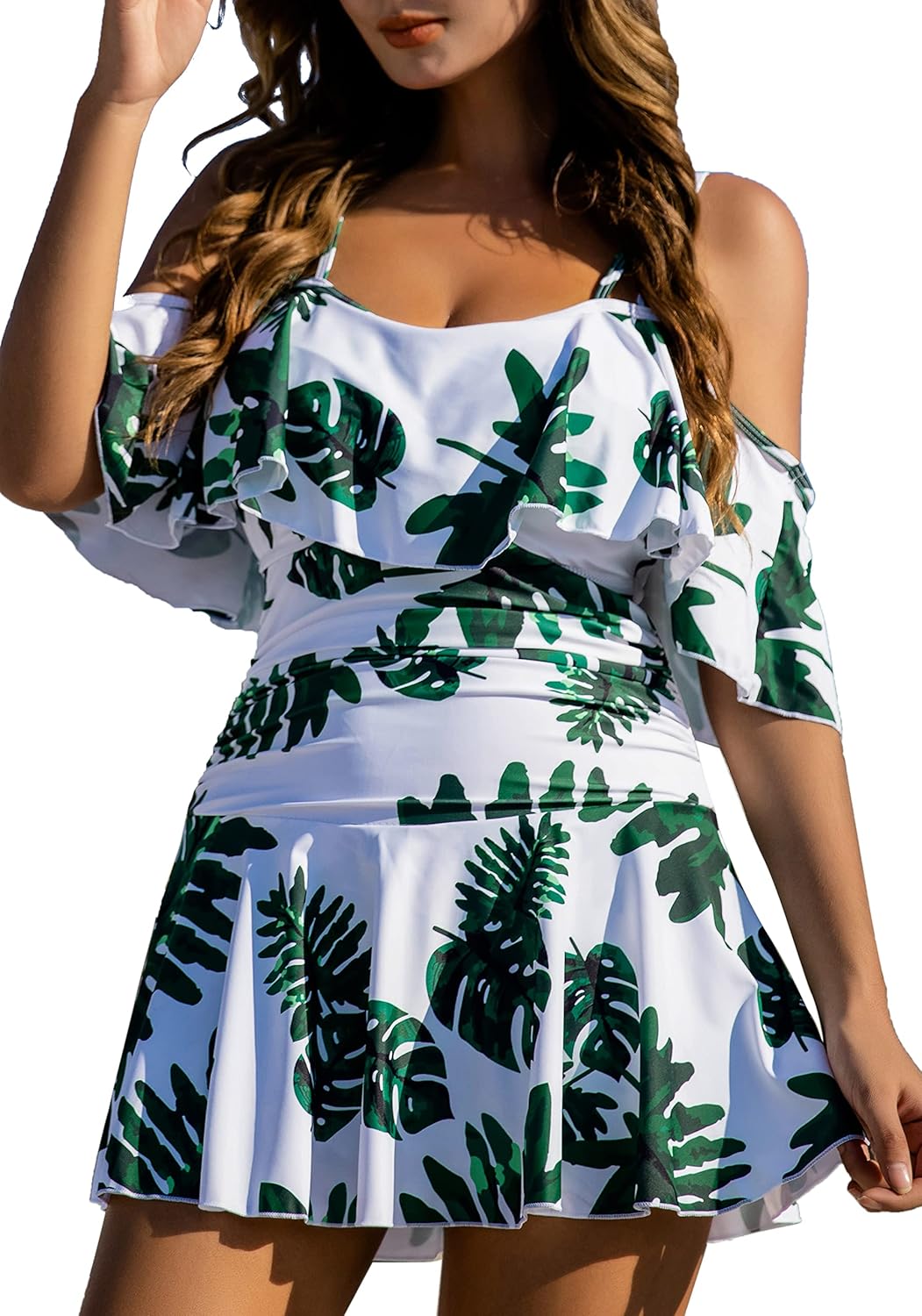 COCOPEAR Women's One Piece Flounce Swimsuit Off Shoulder Bathing Suit Tummy Cont...