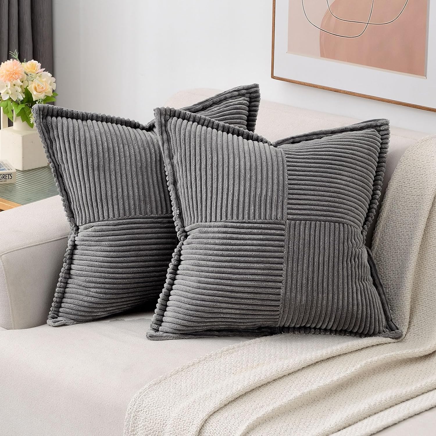HAUSSY Dark Grey Throw Pillow Covers 20x20 Inch Set of 2,Soft Solid Corduroy Str...