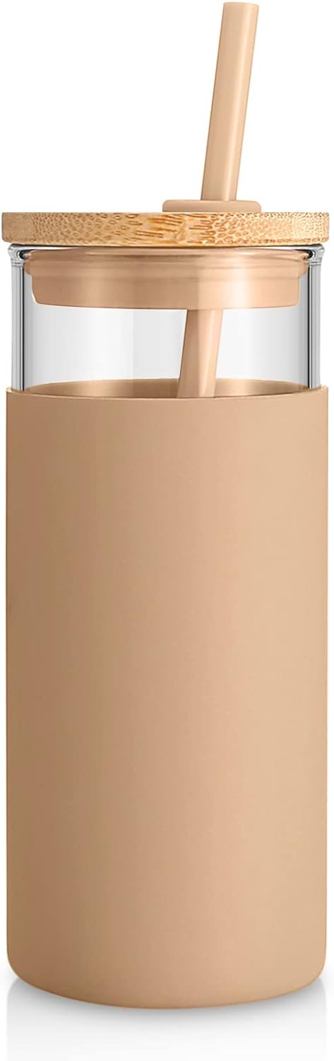 Tronco 20 oz Glass Tumbler Glass Water Bottle Straw Silicone Protective Sleeve B...