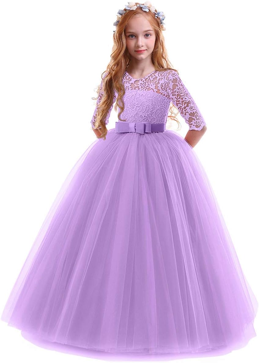 Girls Flower Vintage Floral Lace 3/4 Sleeves Floor Length Dress Wedding Party Ev...
