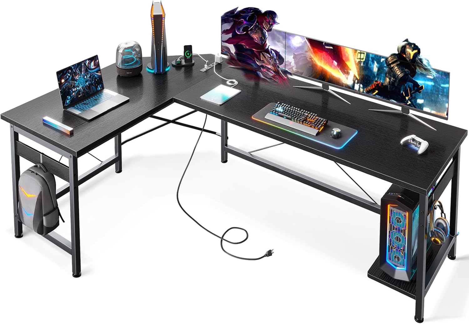 Coleshome 66" L Shaped Gaming Desk with Outlet, L Shaped Desk with CPU Stand, Co...