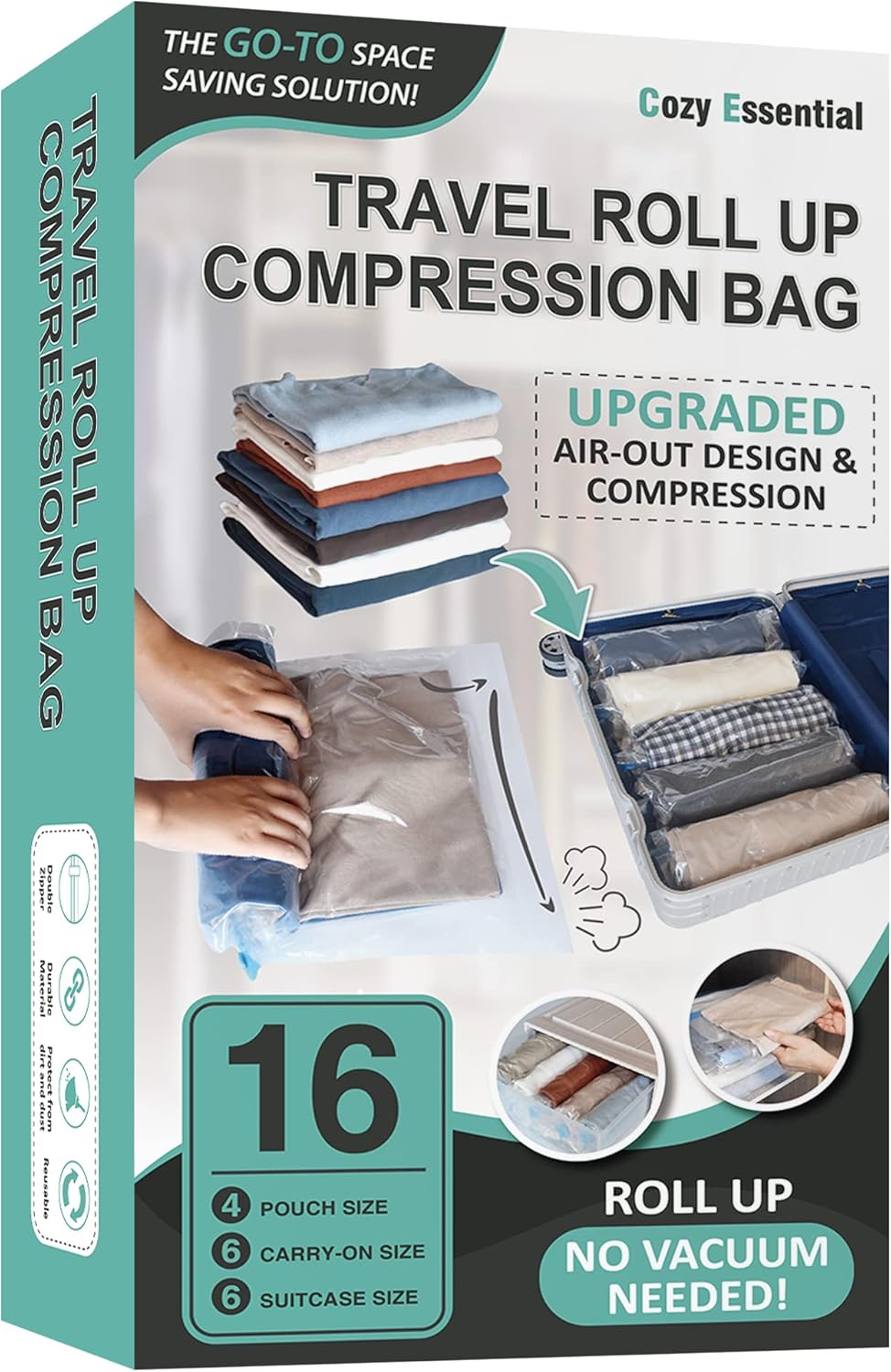 16 Roll Up Travel Compression Bags, Hand Roll Space Saver bags No Vacuum Needed...