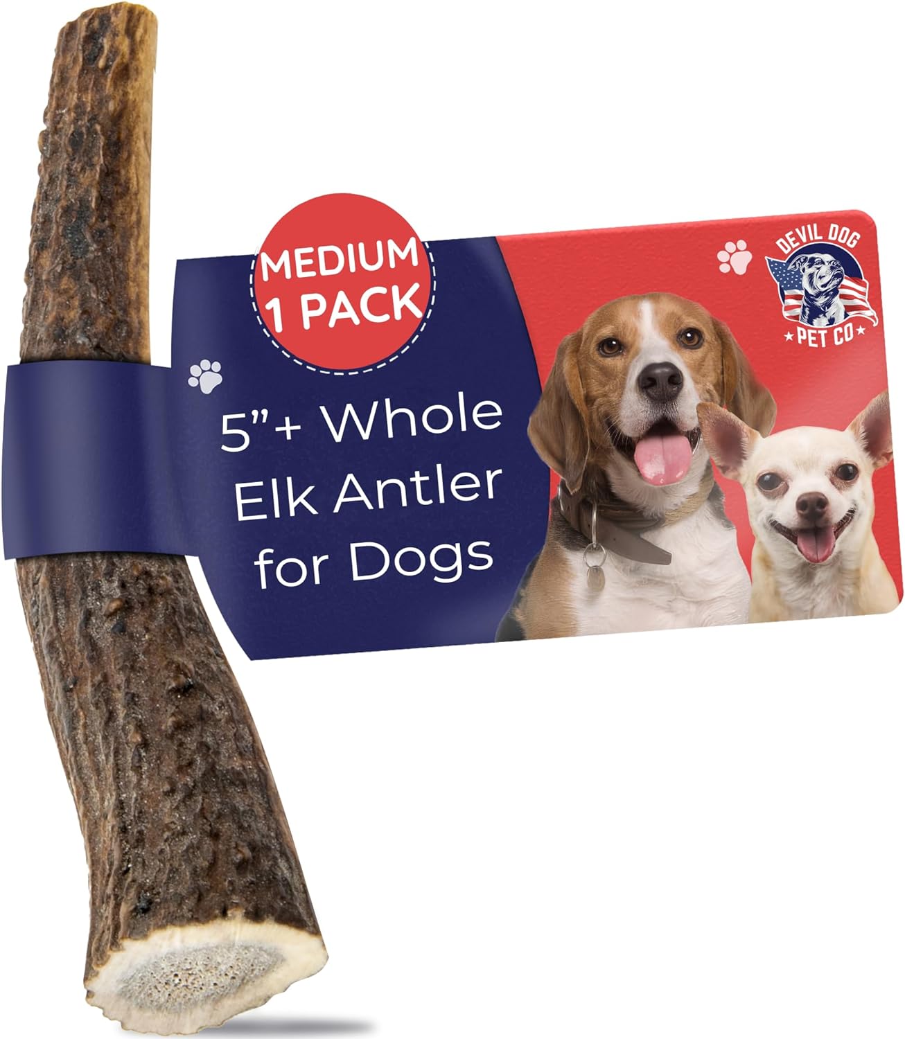 Devil Dog Pet Co. Elk Antlers for Dogs, 1 Pack, Medium 5”+, Grade A Long Lasting...