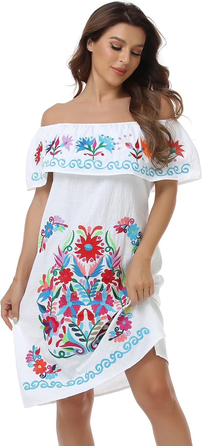 YZXDORWJ Women Mexican Embroidered Dress Ruffle Collar Sleeveless Small 623w