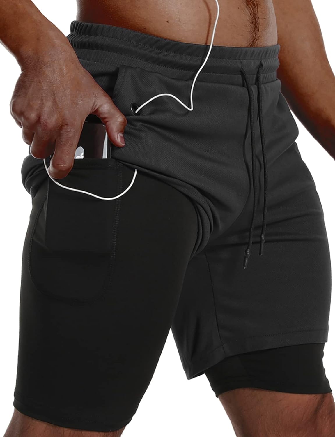 JWJ Mens 2 in 1 Running Shorts Quick Dry Gym Athletic Workout Clothes with Side...