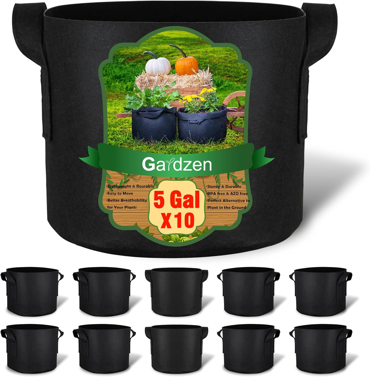 Gardzen 10-Pack 5 Gallon Grow Bags, 300G Thickened Aeration Fabric Pots with Han...
