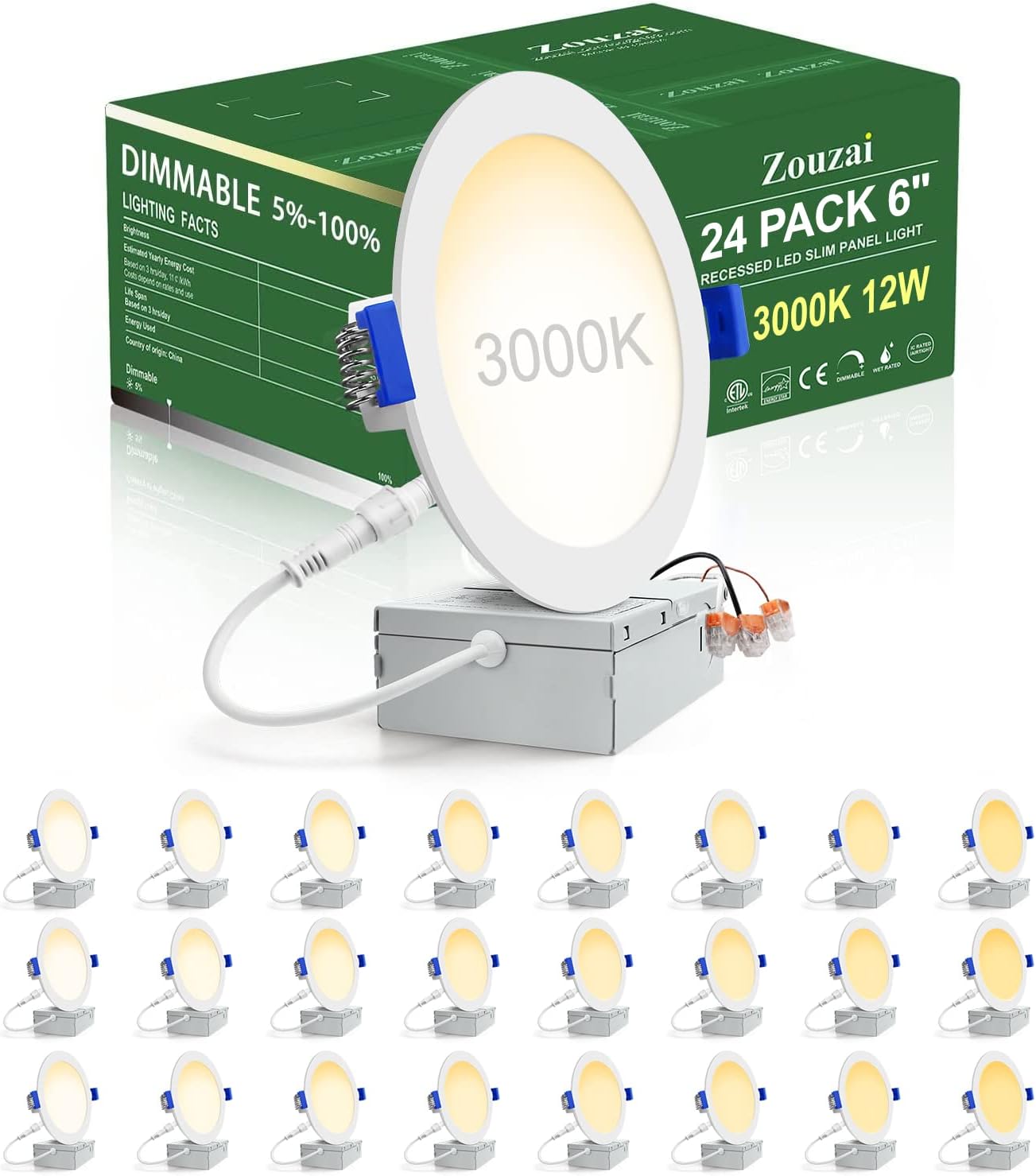 zouzai 24 Pack 6 Inch Ultra-Thin LED Recessed Ceiling Light with Junction Box, 3...