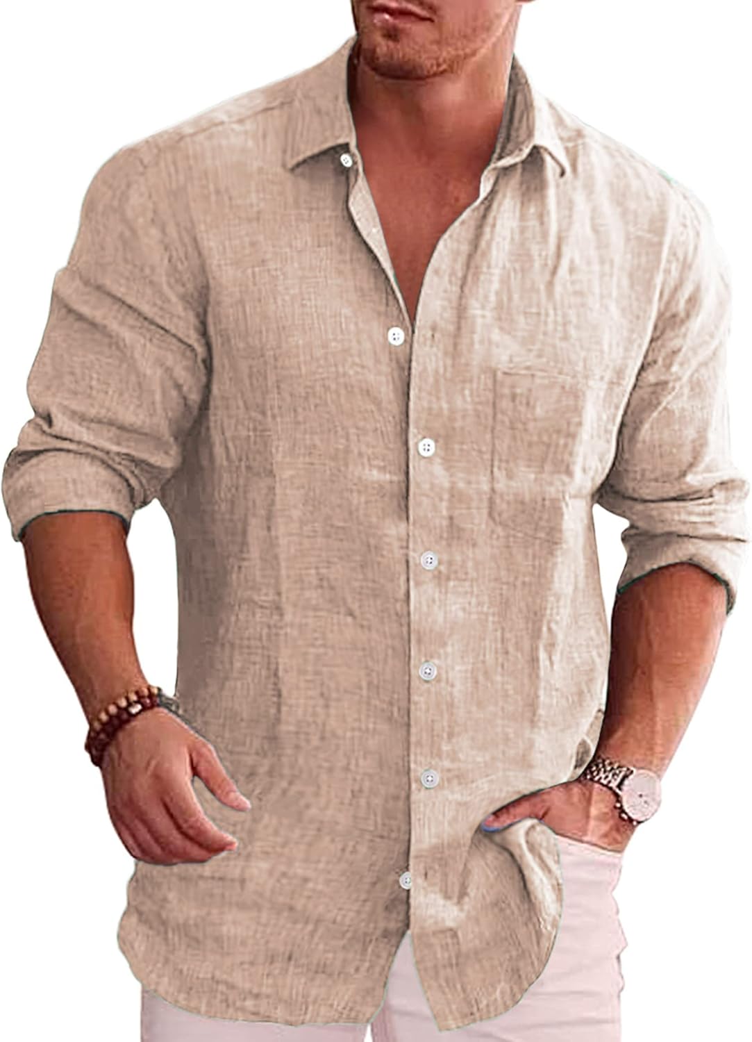 COOFANDY Men's Casual Button Down Shirt Long Sleeve Linen Chambray Shirt One Poc...