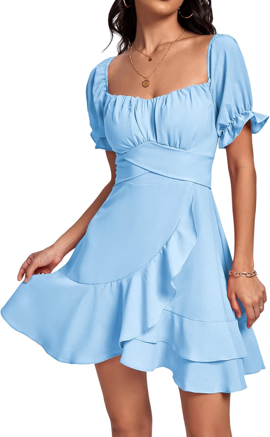 LYANER Women's Dress, Special Square Neck Ruffle Wrap Mini Dress, Innovative Off...