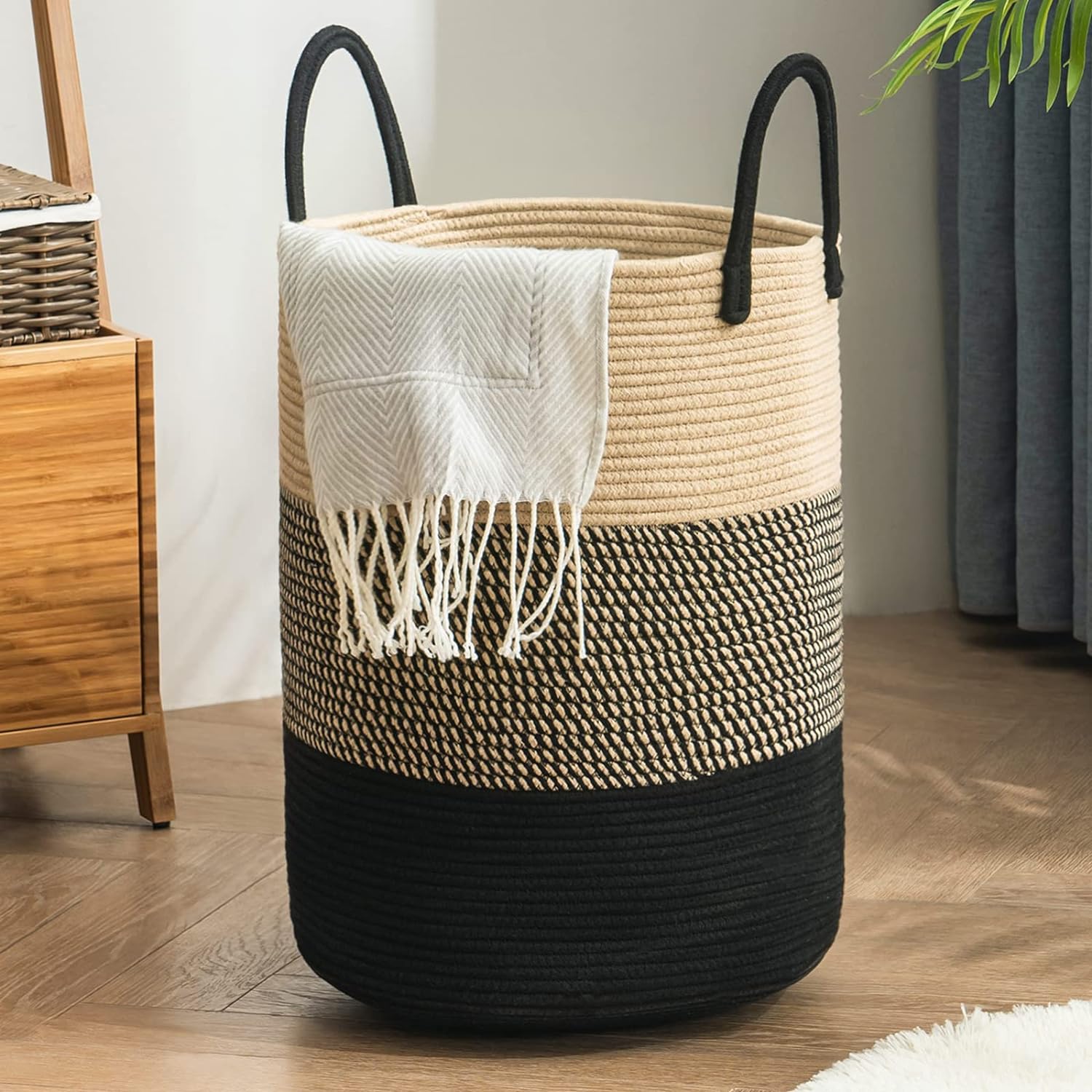 Woven Rope Laundry Hamper Basket, 58L Tall Laundry Basket for Blanket Organizer-...