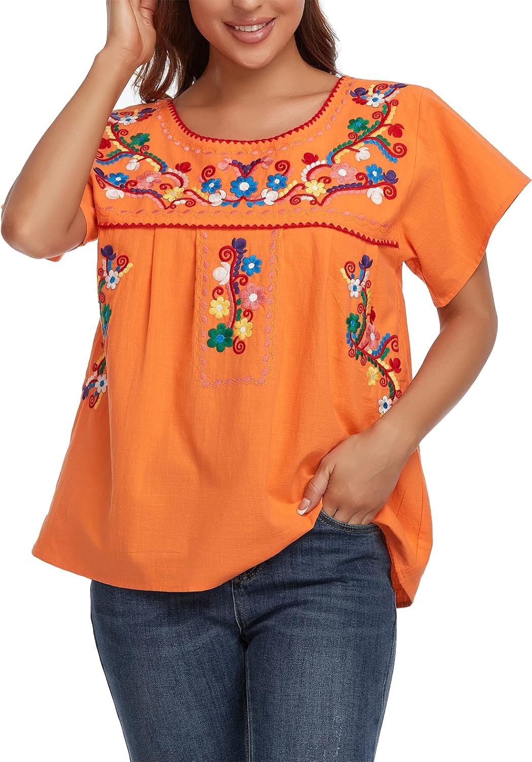 YZXDORWJ Women's Embroidered Mexican Peasant Blouse Mexico Summer Shirt Short Sl...
