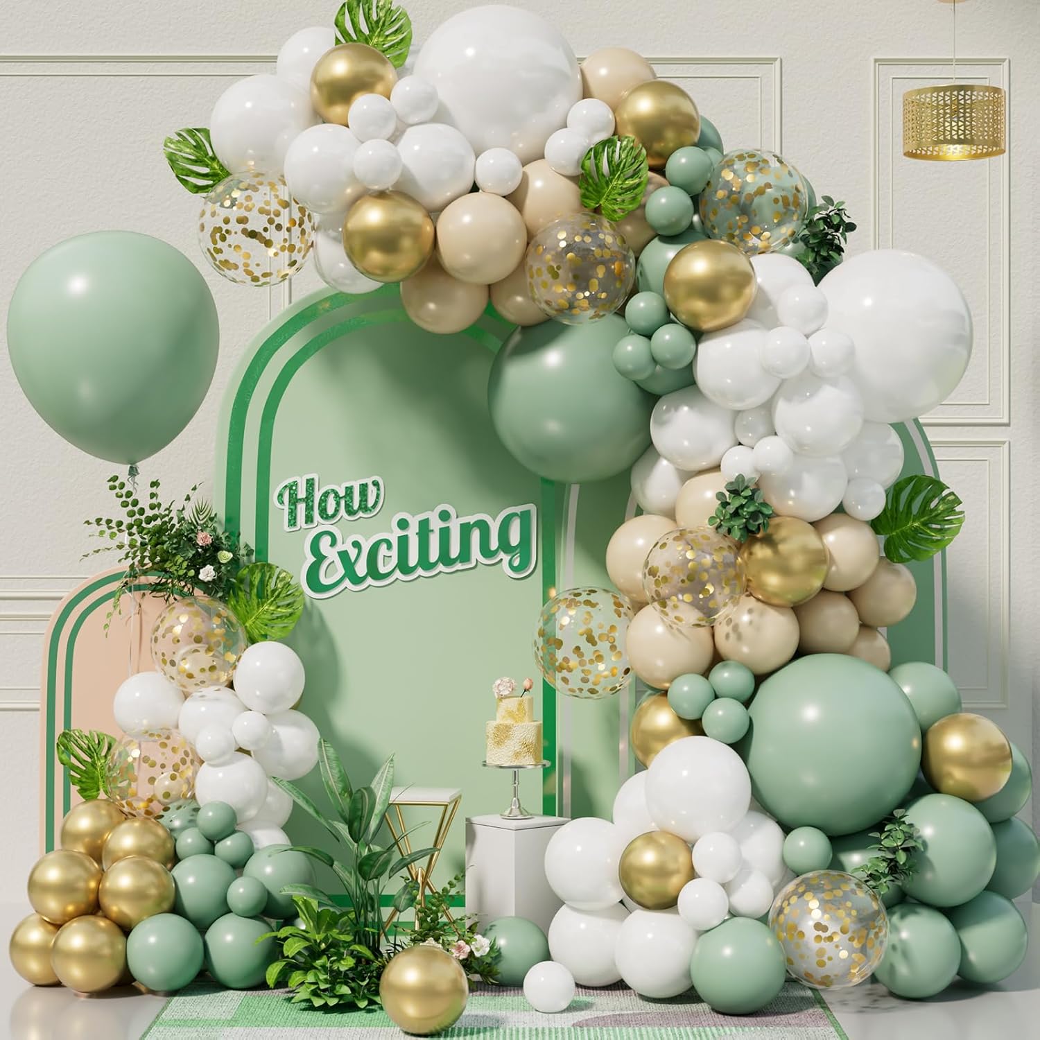Sage Green Balloon Arch Kit, 152pcs Olive Green Balloon Garland with White Gold...