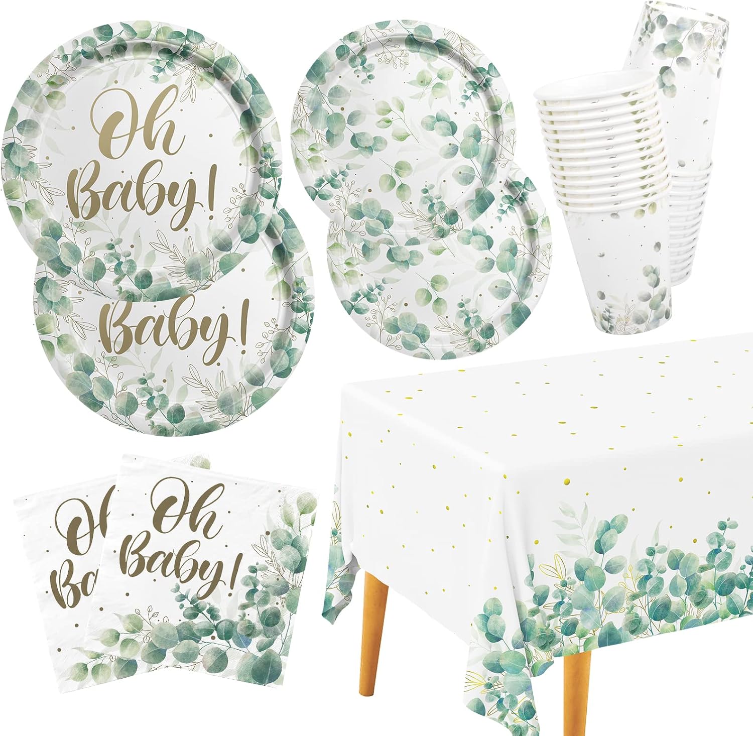 Sage Greenery Baby Shower Party Supplies Disposable Paper Plates Napkins Cups an...