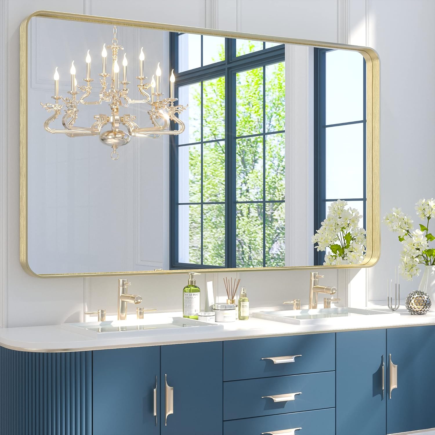TETOTE Bathroom Mirror, High-Quality 48 x 30 Inch Mirror With Brushed Gold Metal...