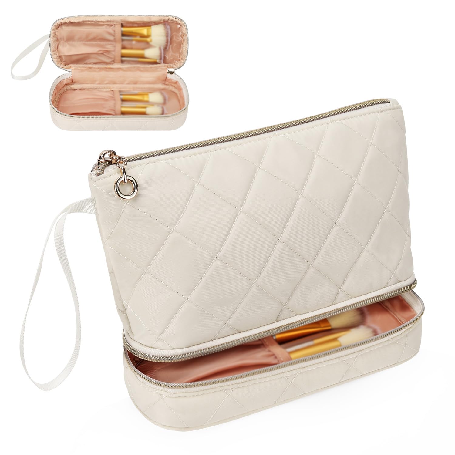 Ethereal Small Makeup Bag, Cream Travel Makeup Organizer Bag for Women Double La...