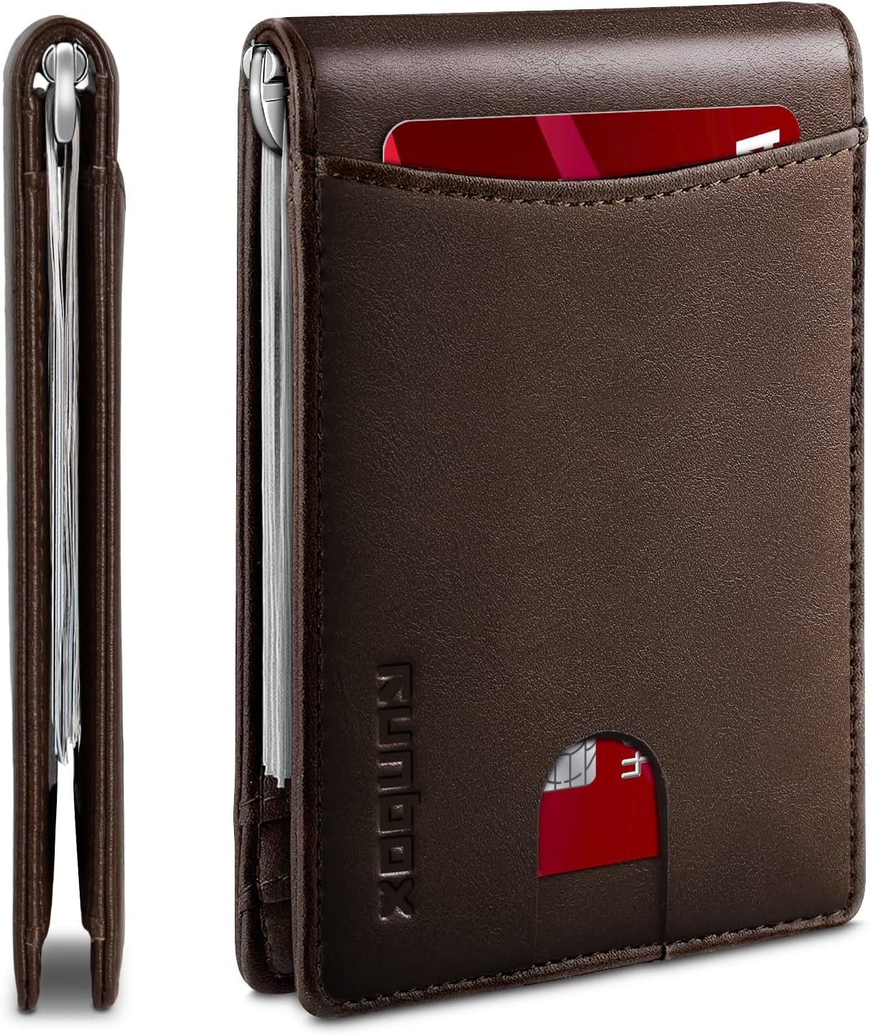 RUNBOX RFID Blocking Genuine Leather Slim Wallet for Men Bifold Minimalist Front...