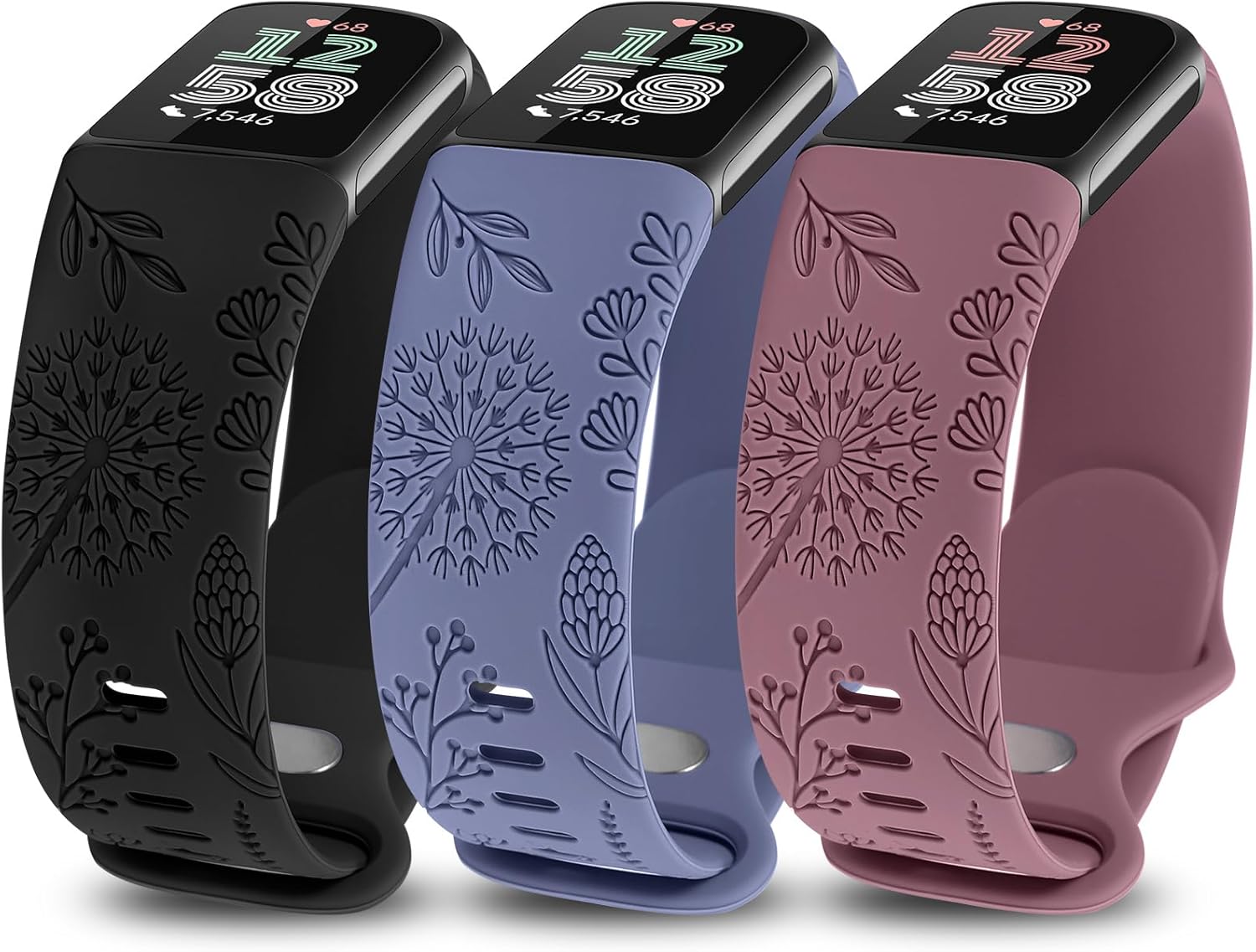 Minyee 3 Packs Floral Engraved Band Compatible with Fitbit Charge 6 Bands/Fitbit...
