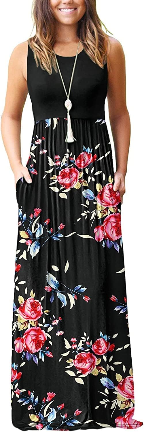 AUSELILY Women's Summer Sleeveless Loose Maxi Dress Casual Long Dress with Pocke...