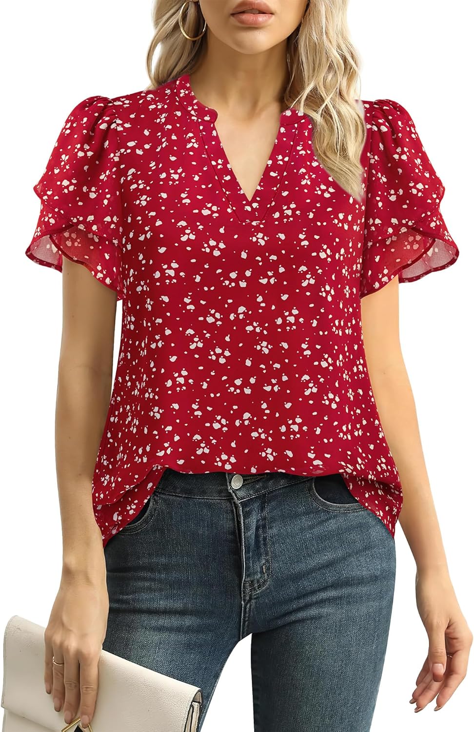 Lotusmile Womens Dressy Chiffon Blouses Summer Puff Petal Short Sleeve Shirts V...