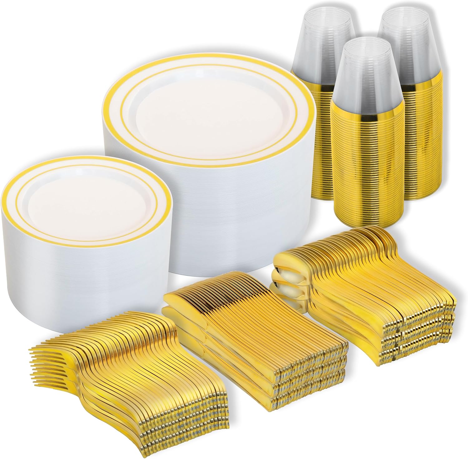 N9R 600PCS Disposable Plastic Plates, Gold Plastic Dinnerware Set Includes 100 D...