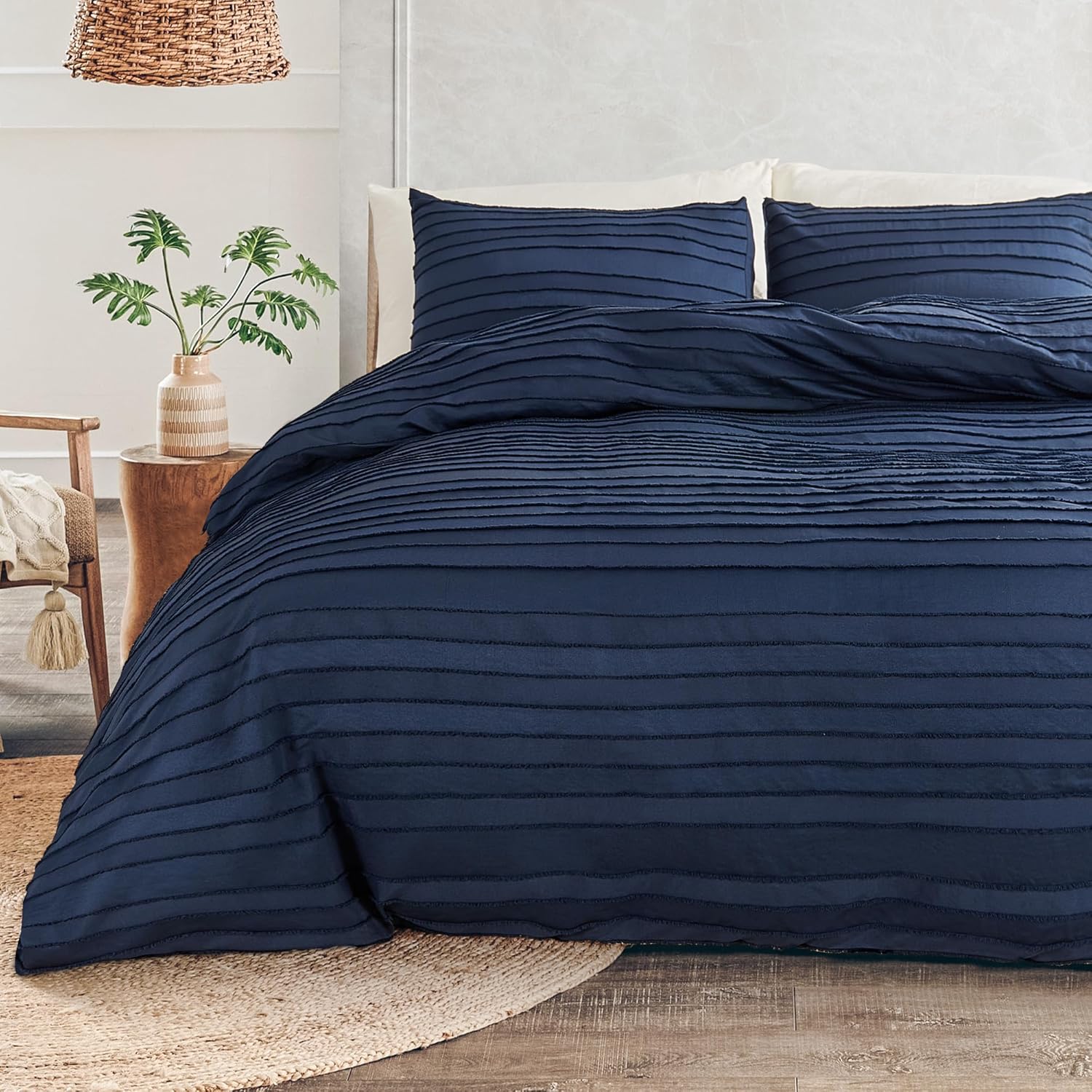NEXHOME PRO Duvet Cover Queen Size, Navy 3 Pieces Boho Tufted Duvet Cover Set, S...