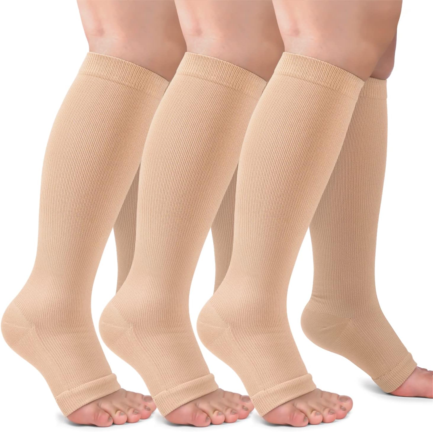 3 Pack Copper Compression Socks for Women & Men, 20-30mmHg Open Toe Knee High St...