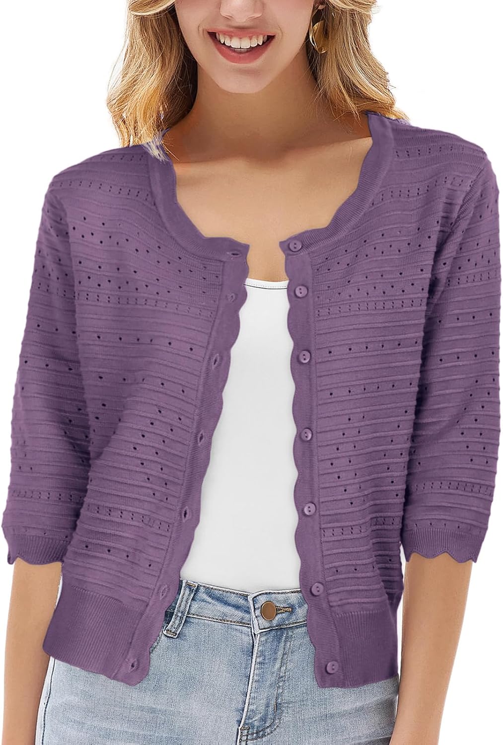 Women's 2024 3/4 Sleeve Lightweight Cropped Cardigan Sweaters Crochet Button Dow...
