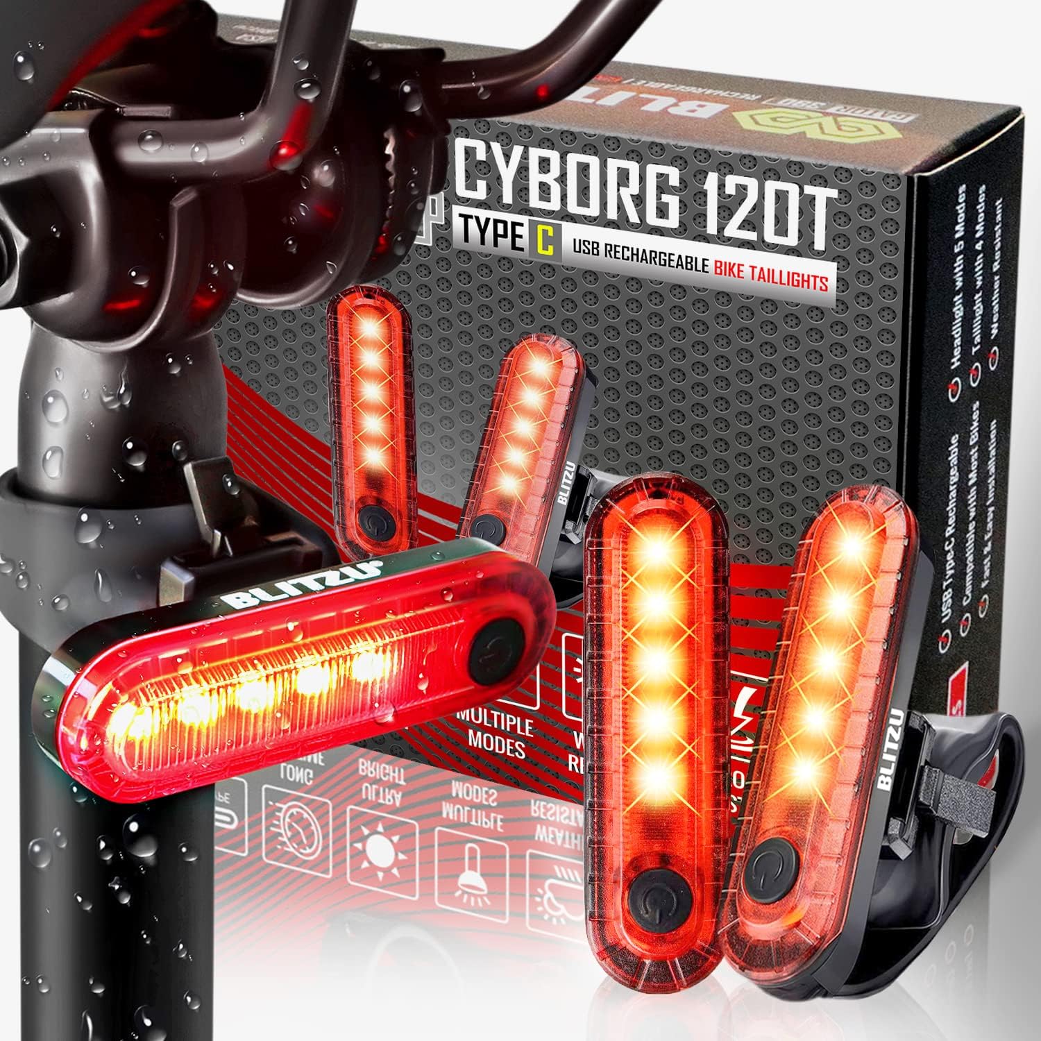 BLITZU 2024 USB-C Rechargeable Bike Tail Light 2 Pack, Cyborg 120T Bright Red LE...