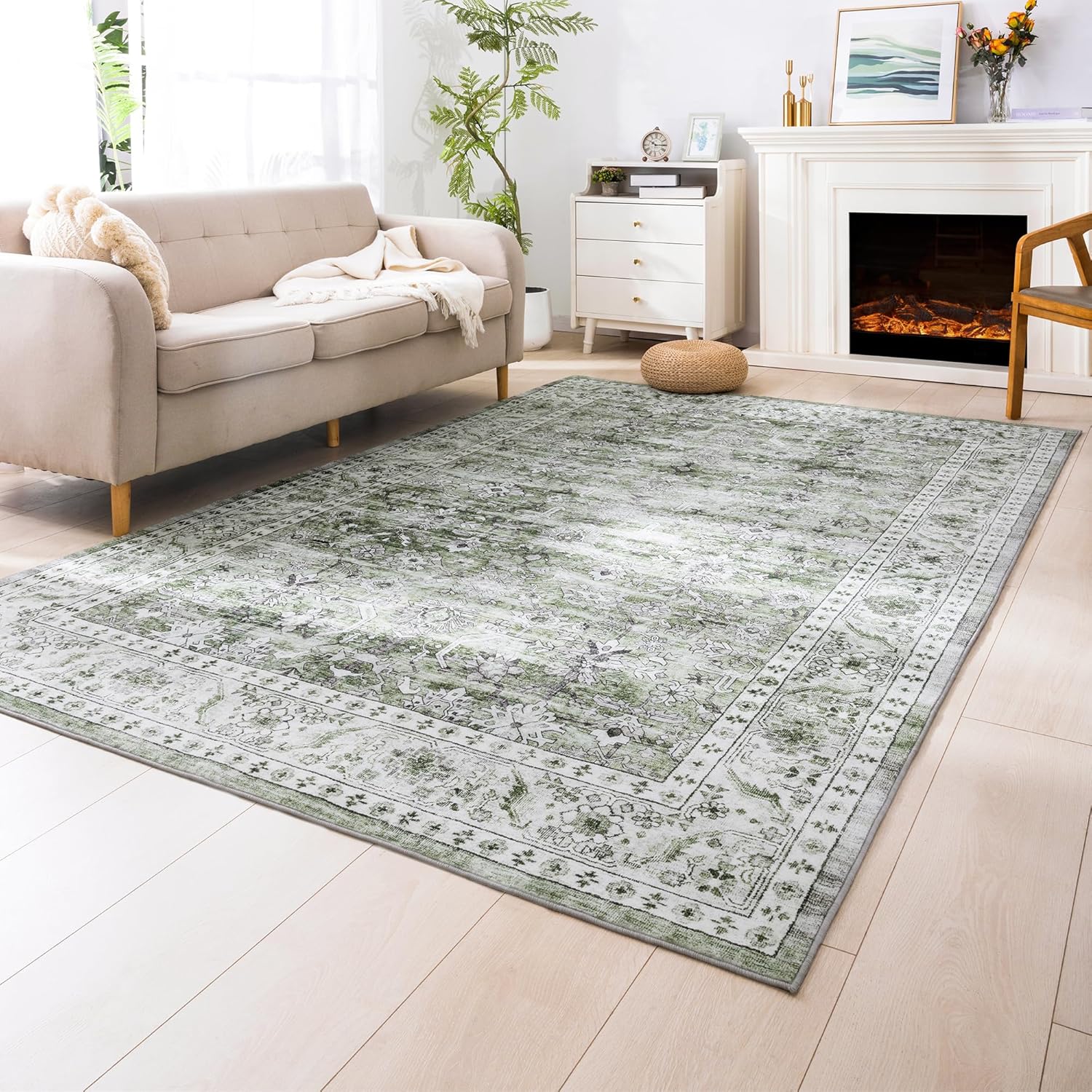 Carvapet Green Rug 8x10 Large Washable Area Rug Ultra Soft Vintage Rugs for Livi...