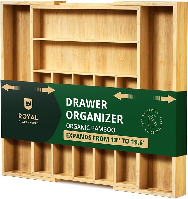 Luxury Bamboo Kitchen Drawer Organizer - Silverware Organizer - Utensil Holder a...