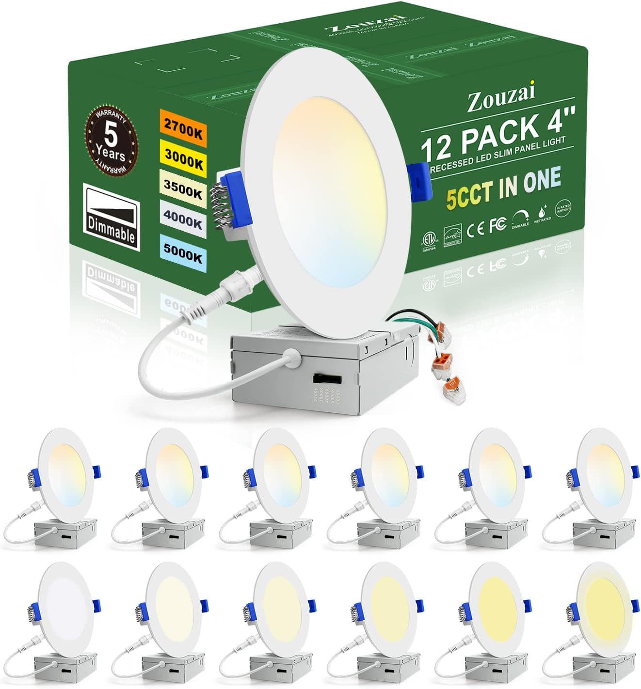 zouzai 12 Pack 4 Inch 5CCT Ultra-Thin LED Recessed Ceiling Light with Junction B...
