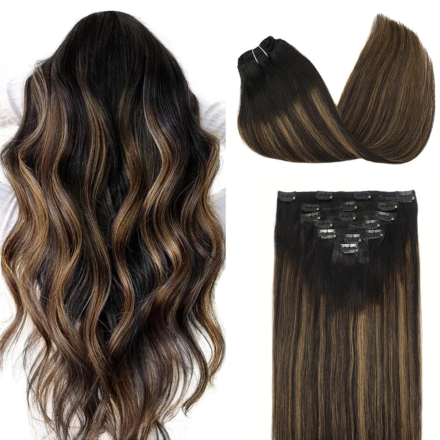 DOORES Hair Extensions Clip in Real Natural Black to Chestnut Brown 120g 22 Inch...