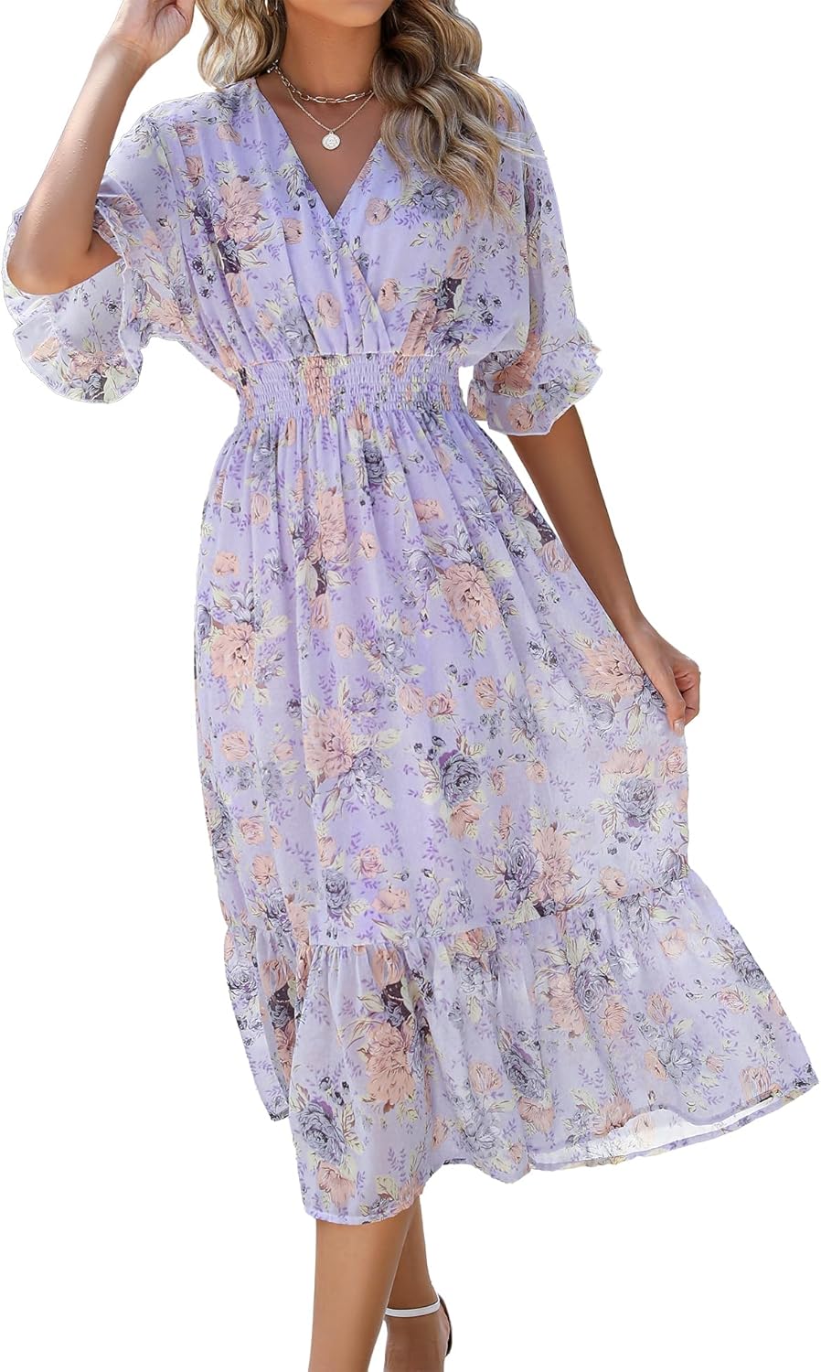 Women's Spring Summer 2024 Floral Midi Dress A Line Chiffon Boho Dress Casual Sh...