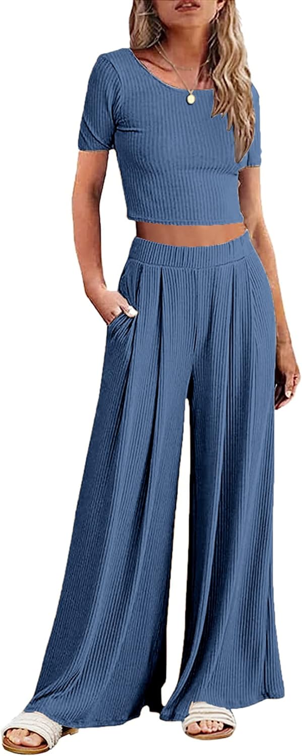 Ekouaer Women's 2 Piece Lounge Sets Short Sleeve Pajama Set Ribbed Knit Crop Top...