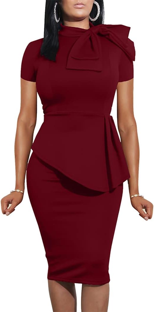 LAGSHIAN Women Fashion Peplum Bodycon Short Sleeve Bow Club Ruffle Pencil Party...