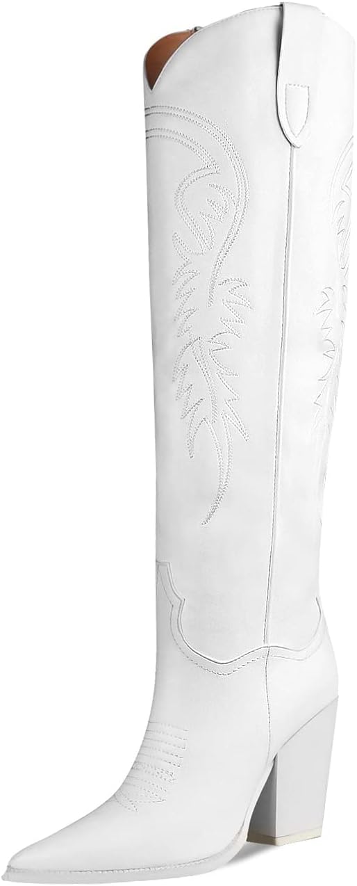 ISNOM Women's Cowgirl Boots Pull On Knee High Boots, Cowboy Western Embroidered...