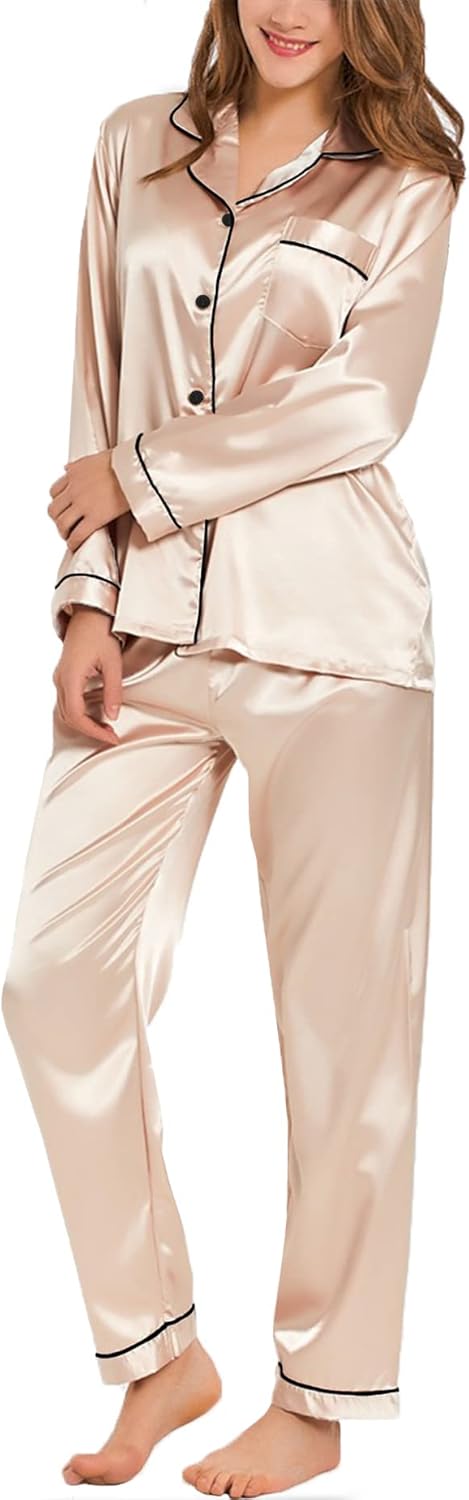 SWOMOG Womens Silk Satin Pajamas Loungewear Two-piece Sleepwear Button-Down Pj S...